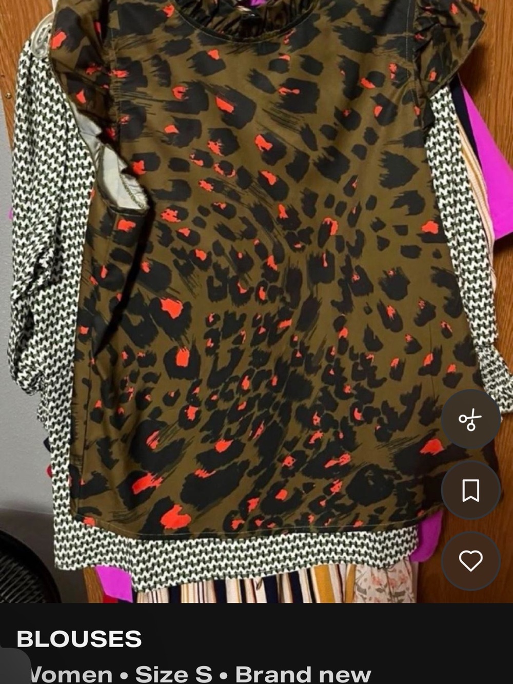 T.J.Maxx Olive Animal Print Ruffle Sleeve Blouse with Red Accents